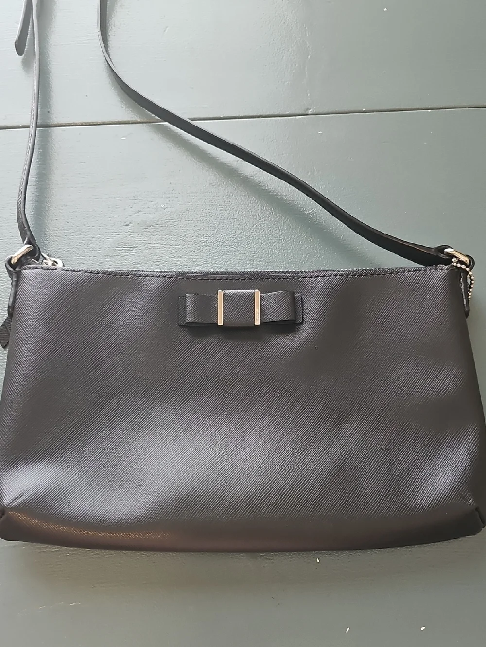Coach Darcy Bow Black Leather Crossbody Bag, Side Pocket‎ Coach Tag.
